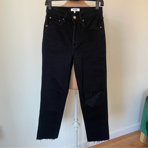 RE/DONE Black Noir Rip Knee 70's Stove Pipe High Rise Straight Leg Jeans EUC 26 - Picture 5 of 12